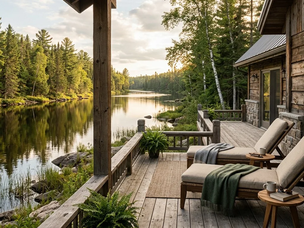 Large timber deck with lounge chairs overlooking the river
