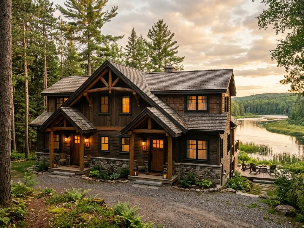 Timber duplex cottage exterior with two private entrances at golden hour