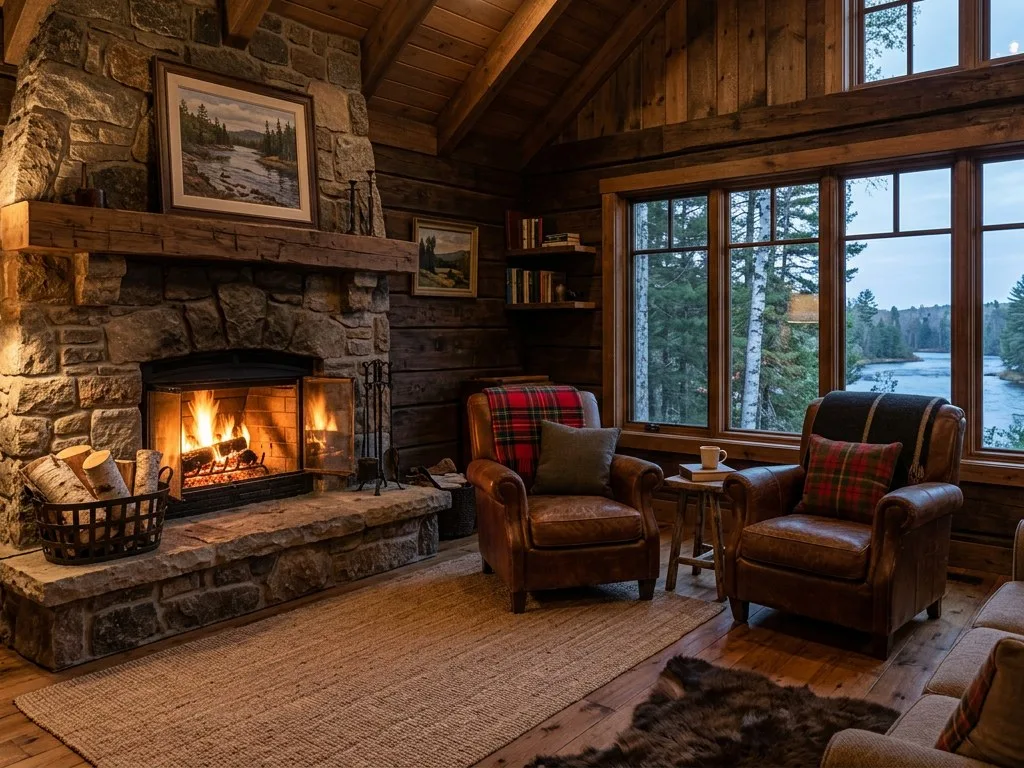 Cosy cottage living room with a glowing wood-burning fireplace
