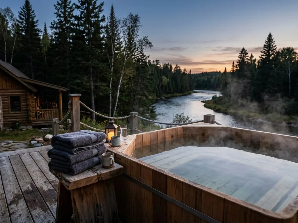 Private cedar hot tub steaming on a timber deck at dusk