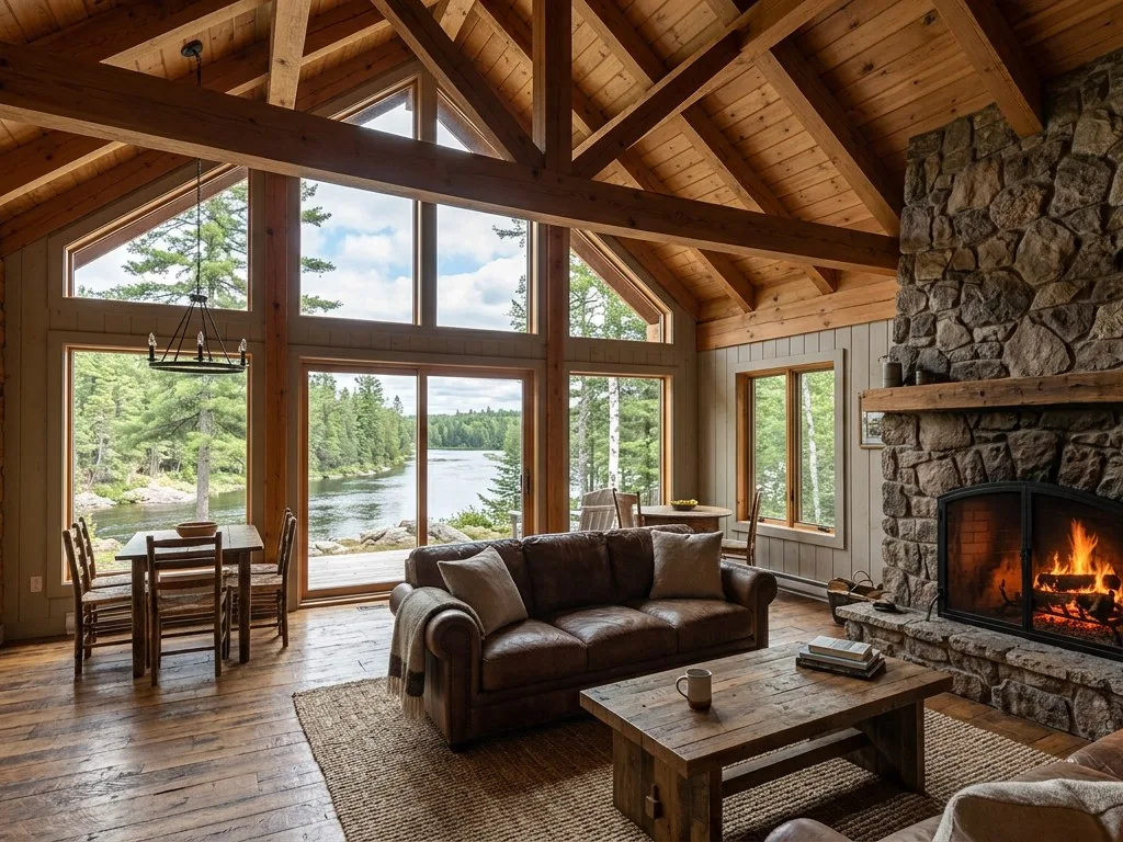 Cottage great room with vaulted wood ceilings and river-facing windows