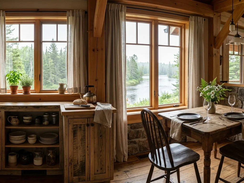 Bright cottage kitchen and dining table set for two