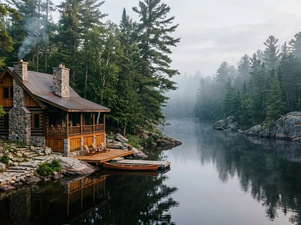 Tranquil misty river at dawn bordered by tall pines