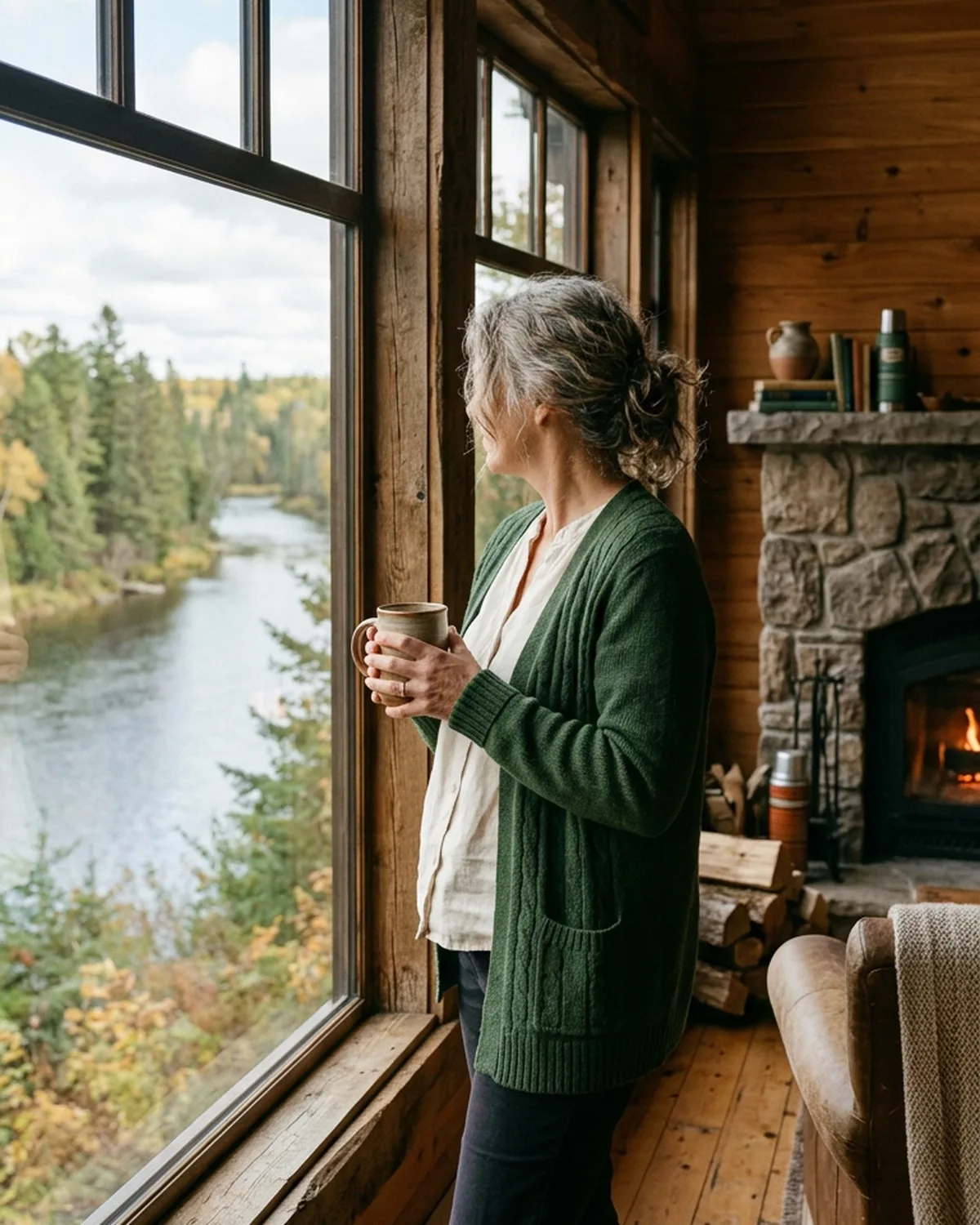 A host enjoying a quiet river view from inside a timber cottage