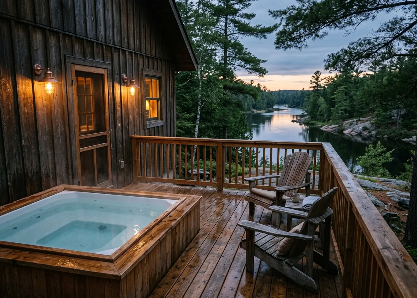 Private hot tub steaming on a wooden deck above the river at dusk