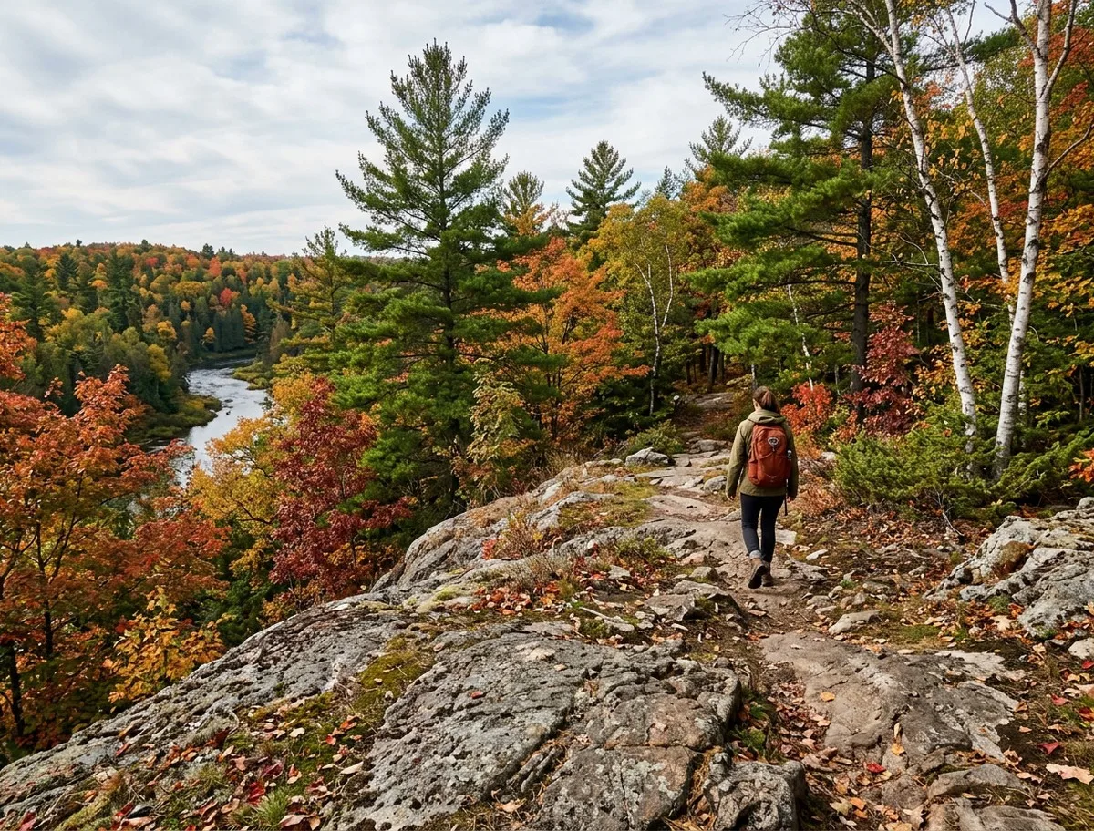 Hiking trail through brilliant red and gold autumn forest