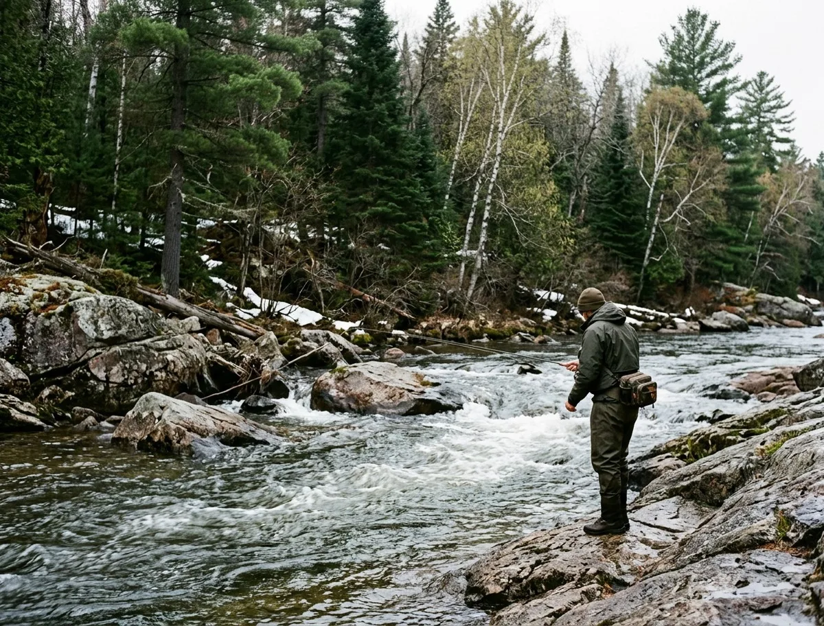 Angler fly fishing on a misty northern river at sunrise