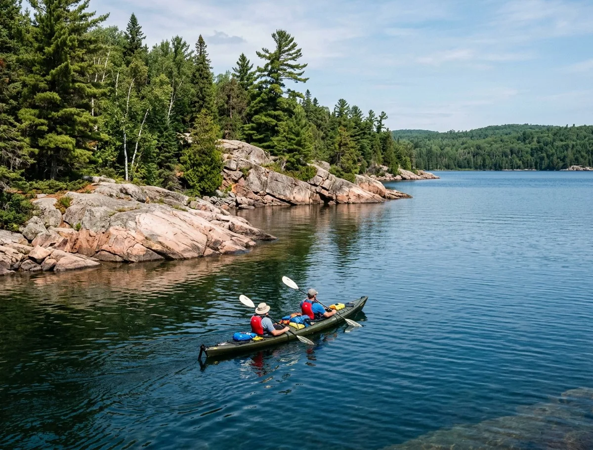 Two kayakers paddling clear turquoise water below Lake Superior cliffs