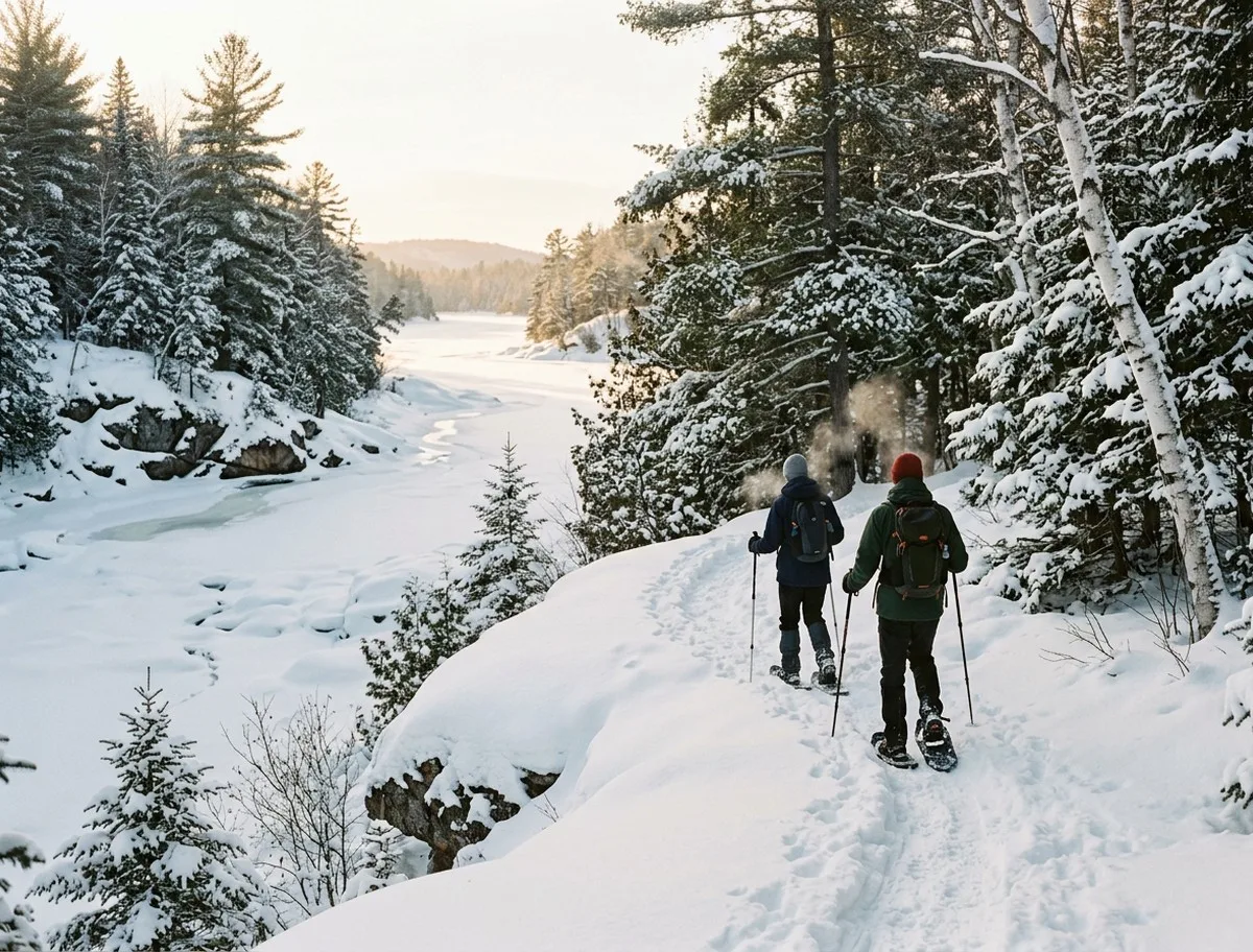 Snowshoe tracks through deep snow in a quiet pine forest